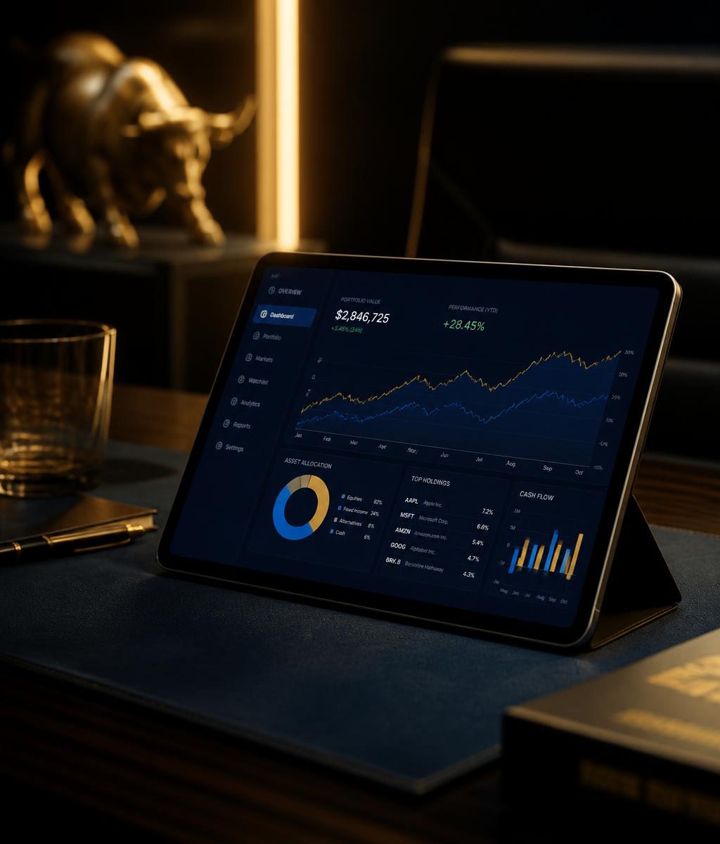 Financial dashboard on a tablet in a dark executive office
